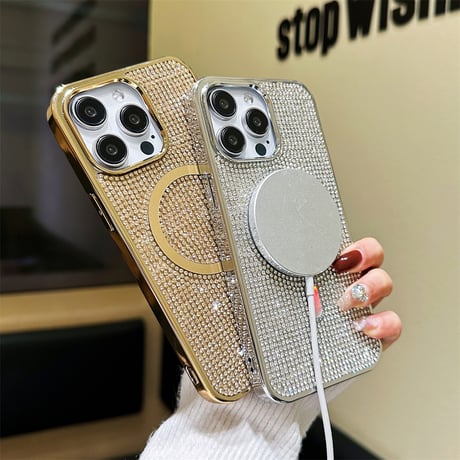CUTECASE磁気充電iPhone15plus/15proケースグリッター入り ダイヤモンドiPhone14/13pro/12ゴールドシルバーきれいケース C6009
