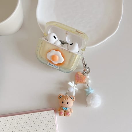 CUTECASE目玉焼き Airpods Pro3ケース 可愛い熊キーホルダー付 Airpods4/3ケース AirpodsPro2/Pro1カバー 大人可愛い 頑丈 CM5805