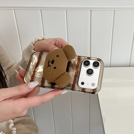 CUTECASE 熊グリップ iPhone17/17Proケース シック縞模様 アイフォン16ProMax/15Pro/14カバー スタンド機能 可愛いCM5912
