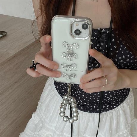 CUTECASE ストーンリボン iPhone15/15proケース チャーム付 iPhone14/13pro/12クリアケース かわいい 女子力アップCM4447