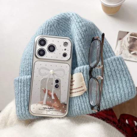 CUTECASE リボン柄ミラー iPhone17pro/17ケース パールデコ 水玉模様 iPhone16/15proケース 可愛い毛玉ストラップ 女子力高いCM6055