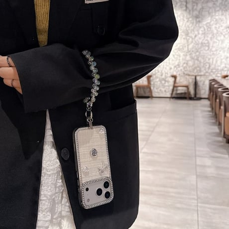 CUTECASEツイード生地 iPhone17Promaxケースジュエリーライン リボン/パール iPhone17pro/15/14カバー キラキラストラップ付 CM5830
