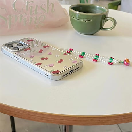 CUTECASEサクランボ 鏡 iPhone15/15proケース パールストラップ付 アイフォン14/13pro/12ケース かわいい 夏に人気CM4389