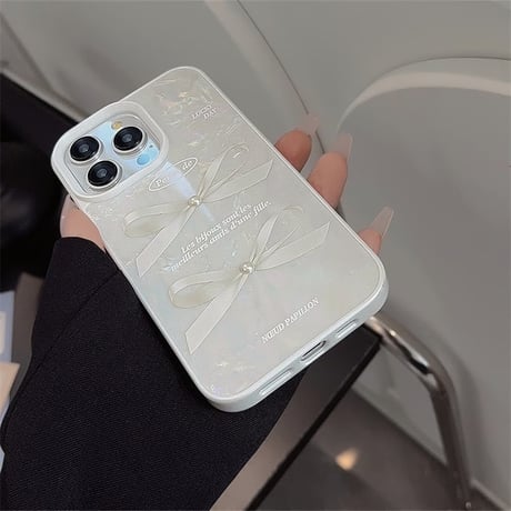 CUTECASE シェル風 iPhone15/15proケース リボン柄 立体パール iPhone14/13pro/12ケース かわいい きれい 女子力UP CM4003