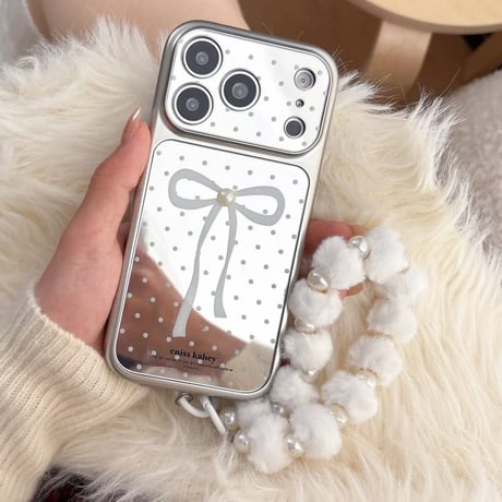 CUTECASE リボン柄ミラー iPhone17pro/17ケース パールデコ 水玉模様 iPhone16/15proケース 可愛い毛玉ストラップ 女子力高いCM6055