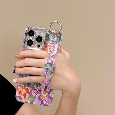 CUTECASEベルト付 花柄 iPhone15Pro/15promaxカバー キラキラおしゃれ アイフォン14プロ/13/12ケース 光る CM4382