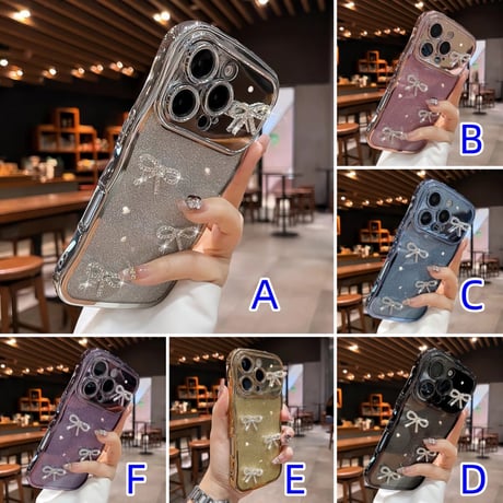 CUTECASEダイヤリボン iPhone16/16Proケース うねうねライン ラメ iPhone15pro/14/13Promaxカバー 綺麗 艶感CM5515