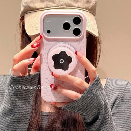 CUTECASEミラー付花グリップ iPhone17Pro/17ケース MagSafe対応 iPhone17Promax/16Pro/15ケース ピンクカラー 多機能 かわいいCM6137
