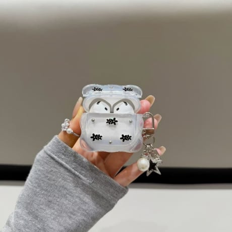 CUTECASE黒花 Airpods Pro3ケース パールキーホルダー Airpods 4/3カバーケース AirpodsPro2/1 韓国風 オシャレ CM6265