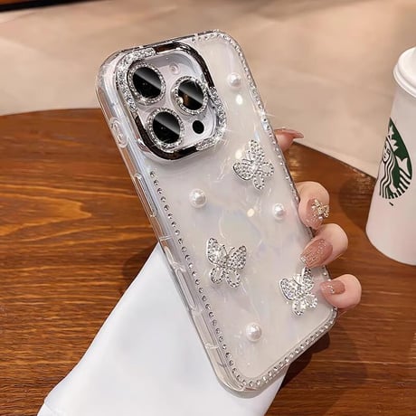 CUTECASE 高級感蝶々 iPhone16Pro/16ケース ジュエリー/パール iPhone15promax/14/13カバー シェル柄 キラキラ CM5488