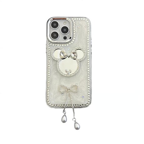 CUTECASEダイヤリボン鏡 アイフォン16/16プロケース ジュエリーデコ iPhone15pro/14/13proカバー 大人可愛い パールストラップ 高級感CM5482