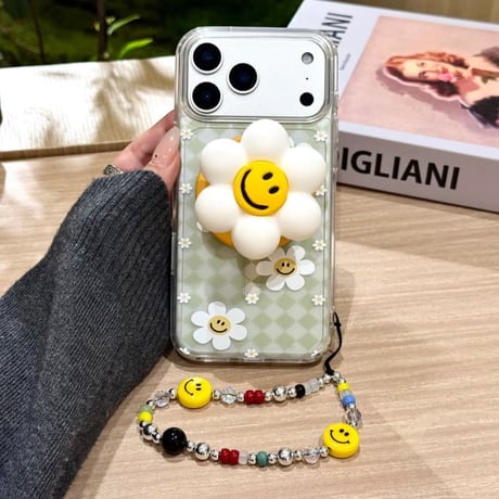 CUTECASE 笑顔の花 iPhone17Promaxケース MagSafe対応 スタンド機能 iPhone17/16Proケース グリップ/ストラップ3点 ギフトにおすすめCM6091