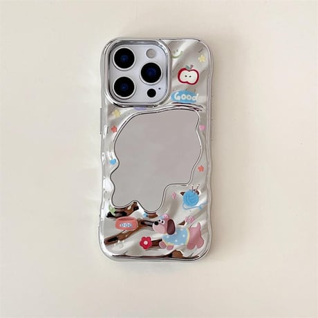 CUTECASE 犬ちゃんミラー iPhone16pro/16ケース シルバー iPhone15pro/14/13promaxカバー 大人可愛い メイク直し鏡CM5522