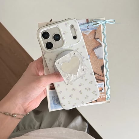 CUTECASE ハートミラーリングスタンド iPhone17Promaxケース MagSafe対応 iPhone16Pro/15/14ケース ダイヤデコパープル花柄 甘めコーデ CM6471