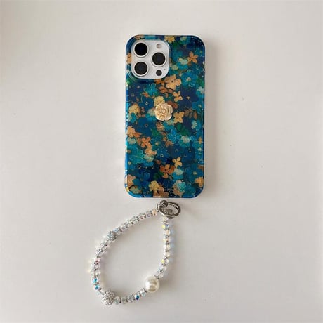 CUTECASE花柄 iphone16/16proケース ブルー iphone15pro/14/13proケース ジュエリーストラップ付 女子力高い CM5053