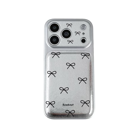 CUTECASE リボン柄 iPhone17pro/17ケース カメラカバー付 シルバー iPhone16/15promax/14ケース ストラップ シックCM6018