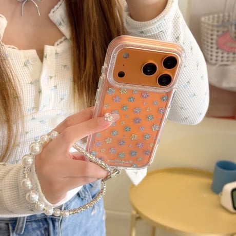 CUTECASE キラキラ花 iPhone17pro/17ケース ラメ入り iPhone16/15proケース 可愛いパールストラップ 女子力高いCM6160