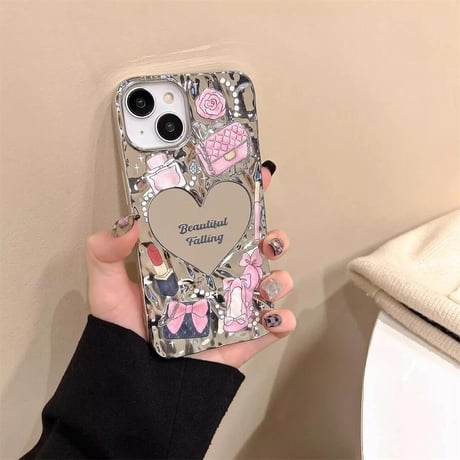 CUTECASEハートミラー iPhone15pro/15promaxケース リボン/パールストラップ付 アイフォン14/13pro/12ケース 可愛い 女子力アップCM4466