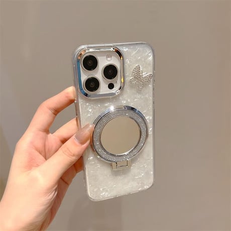 CUTECASE鏡リングスタンド iPhone17/17proケース ジュエリー蝶シェル風 iPhone16pro/15/14proカバー オシャレストラップ 多機能 CM5603
