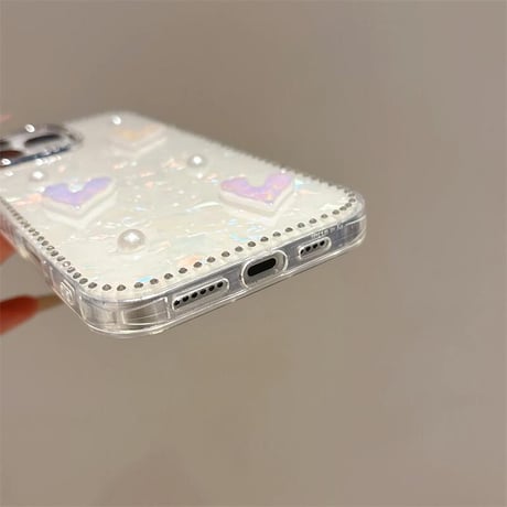 CUTECASE ハートデコ iPhone16pro/16カバー シェル柄 iPhone15pro/14promax/13ケース パール/ジュエリーデコ 上品 大人可愛い CM5314