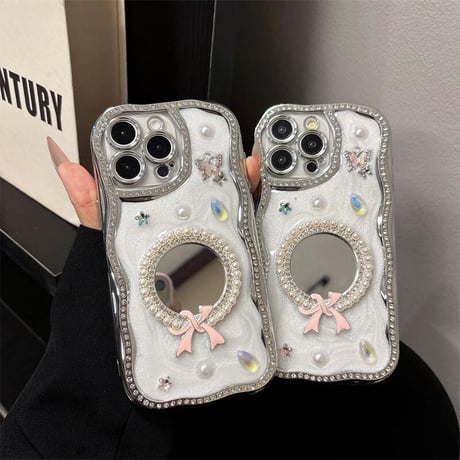CUTECASE 可愛い鏡付 iPhone16pro/16ケース パール/ジュエリー iPhone15/14pro/13promax/12カバー うねうね おしゃれCM5271