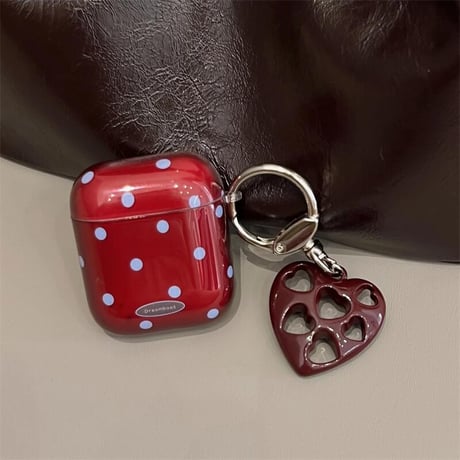 CUTECASEワインレッド Airpods 4ケース 水玉模様 ハートキーホルダー Airpodspro2/proカバー Airpods第3/2世代 かわいい 女子力高いCM5069