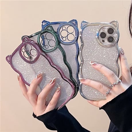 CUTECASE 猫の耳iPhone17Promaxケースラメ入りシール付き アイフォン16/15pro/14/13カバー オシャレ 可愛いうねうね メッキ CM2403