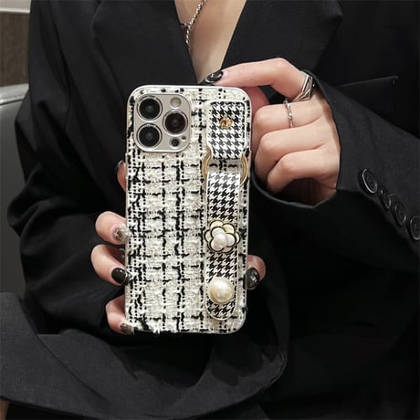 CUTECASEファッションクラシックなデザイン千鳥格子カメリアリストバンドiPhone15Promax電話ケースC5066
