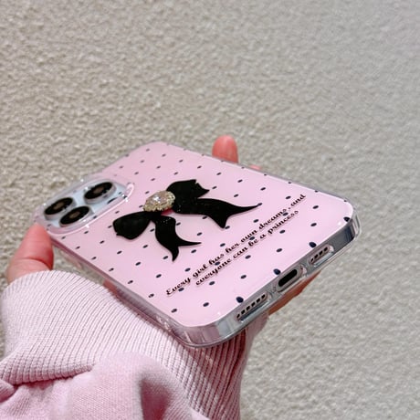 CUTECASEピンク iPhone15/15proケース ハートダイヤデコリボン柄 iPhone14/13pro/12ケース 水玉模様 可愛いCM4069