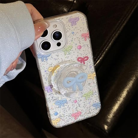 CUTECASE大人可愛い iPhone16/16proケース リボン グリップ付き iPhone14/13pro/12proカバー ラメ入り キラキラCM5164