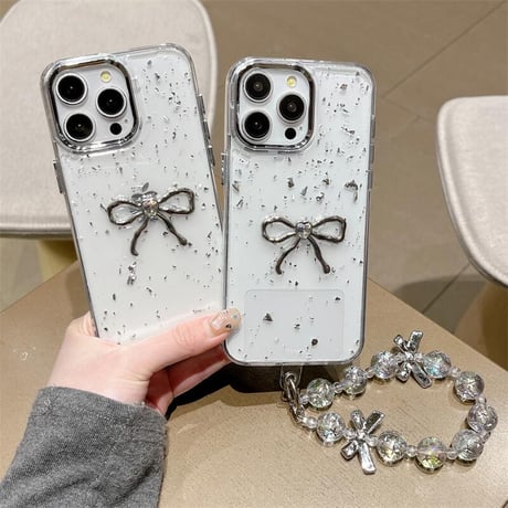 CUTECASEハートダイヤリボン アイフォン16Pro/16ケース グリッター入り iPhone15Pro/14/13proカバー リボンストラップ 上品 エレガント CM5278