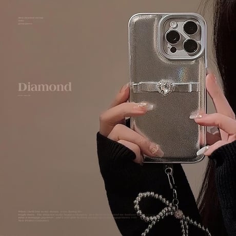 CUTECASEハートダイヤ iPhone15/15proケース 高級感 リボンストラップ iPhone14pro/13/12proケース シルバー 高級感CM4051
