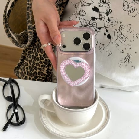CUTECASE 豹柄ハート型ミラーグリップiPhone17Promaxケース MagSafe対応 iPhone17Pro/16/15ケース 光沢感 オシャレ CM6332