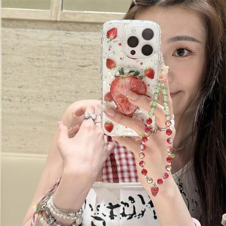 CUTECASE動くイチゴ iPhone16/16proケース かわいい ストラップ iPhone15pro/14/13proカバー めっちゃ可愛い 人気CM5323