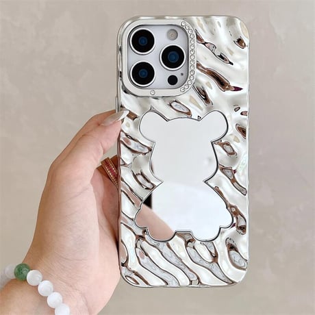 CUTECASE熊ミラー iPhone16pro/16カバー 艶感 iPhone15promax/14/13ケース ストーン シック おしゃれ CM5497