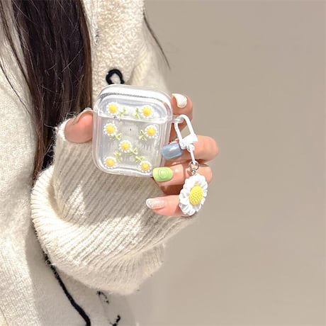 CUTECASE草花 Airpods 4ケース ラメ入り 透明 Airpods3/2カバー Airpodspro2/pro 花キーホルダー付き 女子力高いCM5038