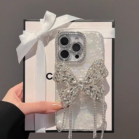 CUTECASEジュエリー蝶グリップ付 アイフォン16Pro/16ケース キラキラハート柄 iPhone15Pro/14/13proカバー シェル柄 パールストラップ 上品 エレガント CM5197