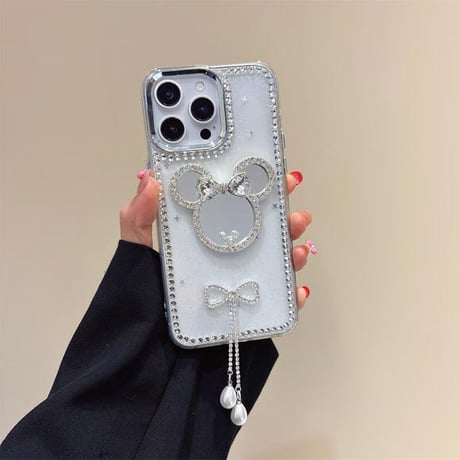 CUTECASEダイヤリボン鏡 アイフォン16/16プロケース ジュエリーデコ iPhone15pro/14/13proカバー 大人可愛い パールストラップ 高級感CM5482