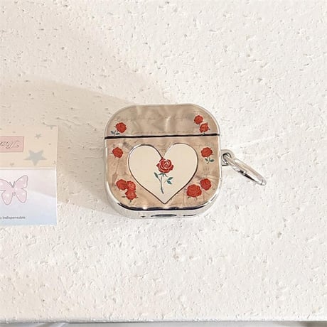 CUTECASEAirpods 4ケース ハート鏡 薔薇柄 Airpods3/Pro2ケース airpodspro2カバー シルバー 女子力高い リング付CM5211