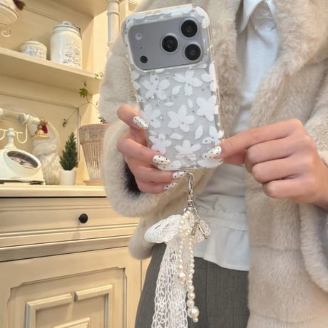 CUTECASE 韓国っぽ iPhone17pro/17ケース 白花 レースリボンキーホルダー iPhone16/15proケース 可愛い 女子力高いCM6153
