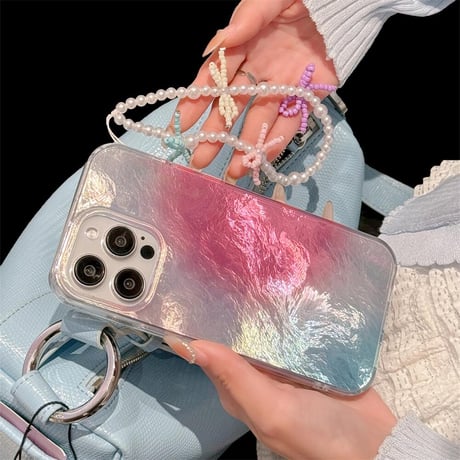 CUTECASE ぼかしカラー iPhone15/15proケース パールストラップ付 アイフォン14pro/13promax/12ケース 可愛い キラキラCM4467