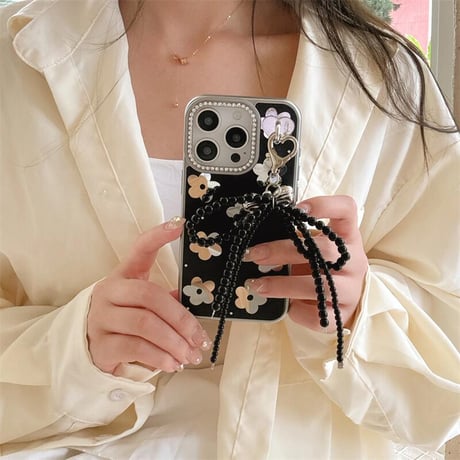 CUTECASE鏡付花 iPhone16pro/16ケース ジュエリー リボンチャーム iphone15pro/14/13proカバー 大人可愛い 女子力高いCM5188
