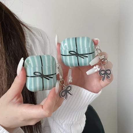 CUTECASE ギフトボックス Airpods Pro3ケース リボンキーホルダー Airpods 4/3カバーケース AirpodsPro2/1 ストライプ柄 CM6168