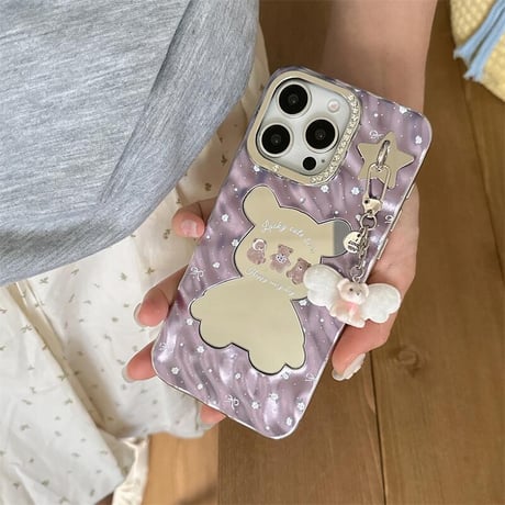CUTECASE熊ちゃんミラー iPhone16/16proケース 可愛いバックチャーム付 iPhone15pro/14pro/13カバー 艶感 可愛い CM5419