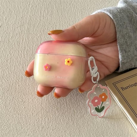 CUTECASE韓国風花 Airpods4ケース グラデーションカラー AirpodsPro2ケース airpods3/2カバー かわいい キーチェーン付 淡色系 CM5335