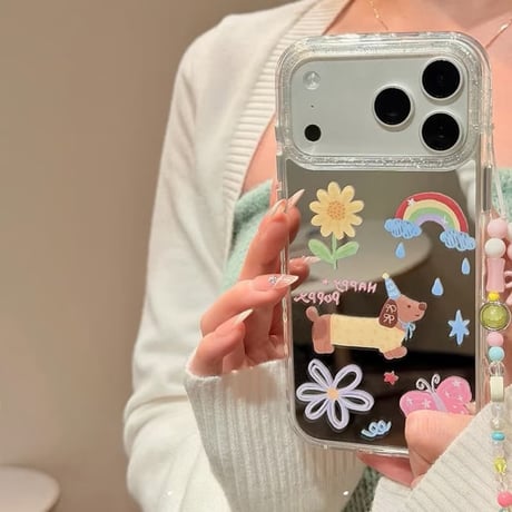 CUTECASE ワンちゃんミラー iPhone17pro/17ケース 可愛いストラップ iPhone16/15pro/17promaxケース 日常/旅行に合う 女子力高いCM6304