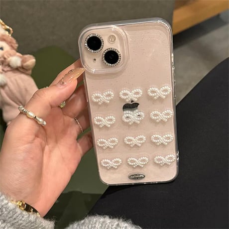 CUTECASEパールリボンデコiPhone15/15plus/15proケース キラキララメ入り クリア iPhone14/12/13proカバー 女子力UP ギフトにおすすめ CM4045