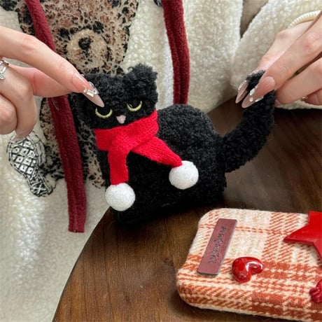 CUTECASE黒猫 Airpods 4 ケース マフラー めっちゃ可愛い AirpodsPro2/Pro1カバー Airpods3/2 ラムウール プレゼントにおすすめCM4775