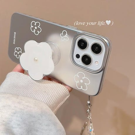 CUTECASE花グリップ iPhone17Pro/16Proケース ストラップ付 iPhone15promax/14/13カバー 高級感 シルバー CM5566