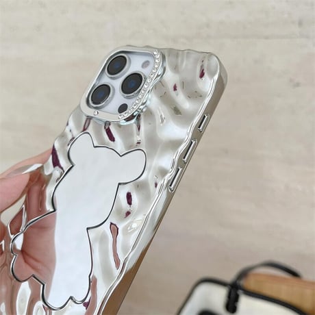 CUTECASE熊ミラー iPhone16pro/16カバー 艶感 iPhone15promax/14/13ケース ストーン シック おしゃれ CM5497